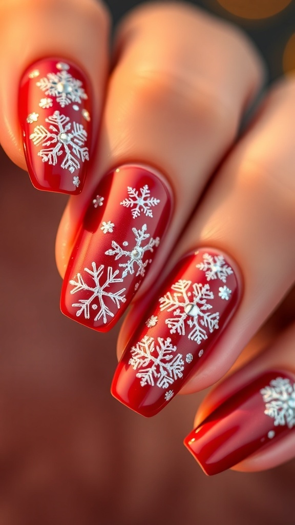 Elegant red Christmas nails with white snowflakes and glitter accents.
